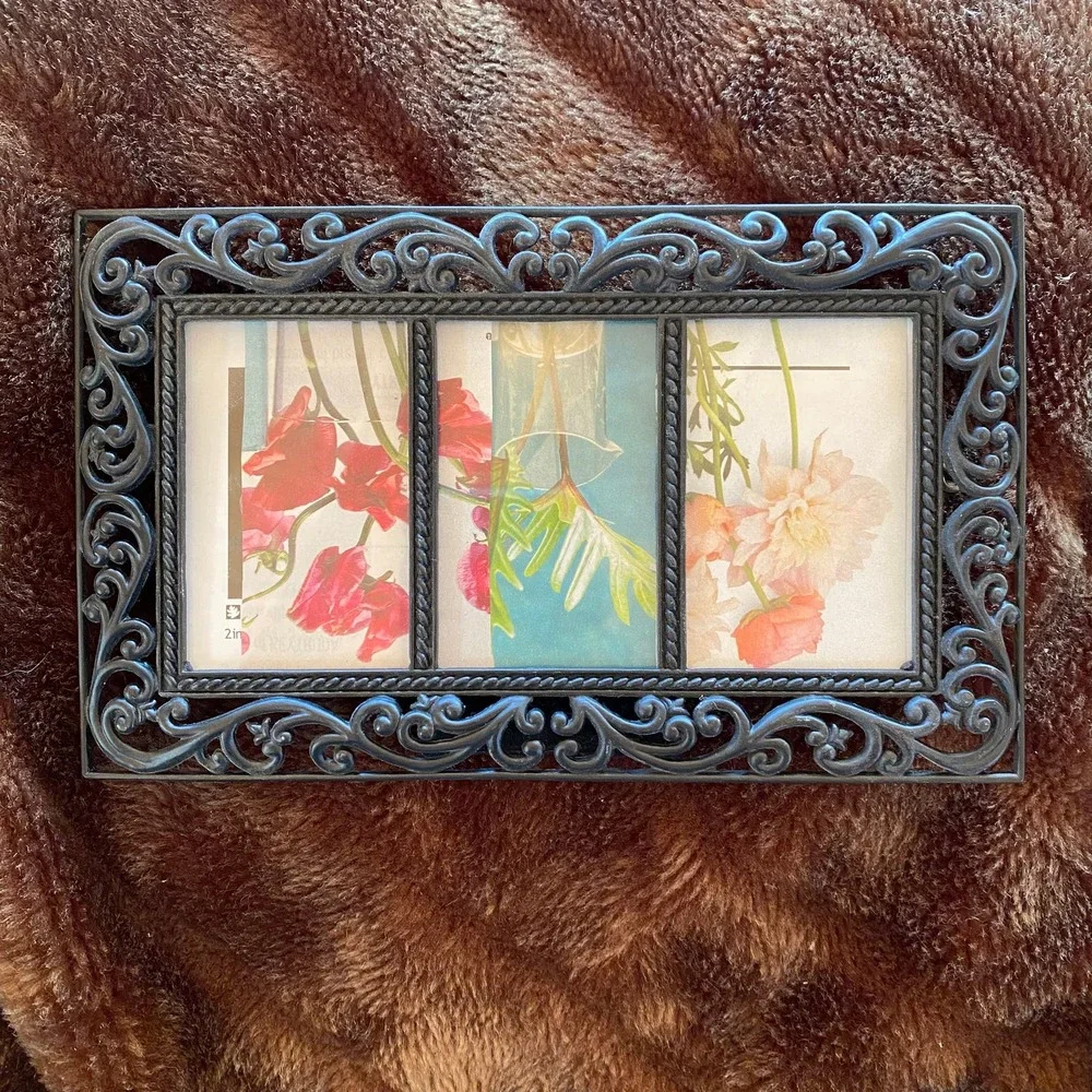 SIXTREES 7-1/2” x 4-1/2”‎ Black Metal Filigree 3-Photo Frame